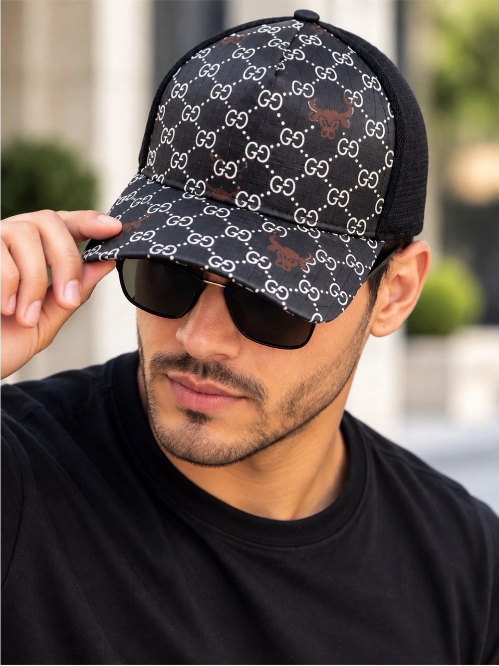 Gucci Black GG Monogram Baseball Cap with Brown Accents